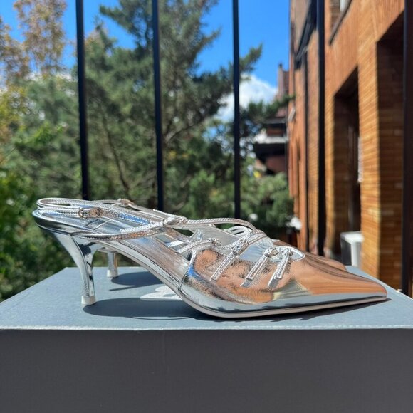 New Jeffrey Campbell Lash Slingback Heels Shoes Strappy Silver Size 8.5 - Picture 10 of 14